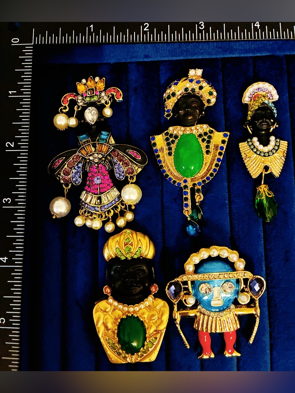 Lot of 5 Blackamoor Brooch Pins African Figure Rhinestone Gold Tone Enamel